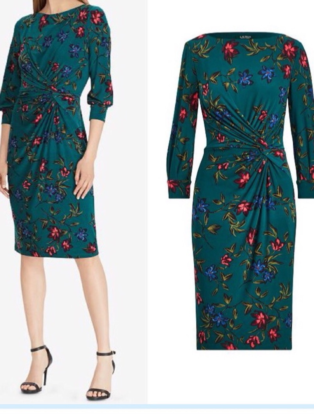 Ralph Lauren Teal Floral Knot-Front Long-Sleeve Dress